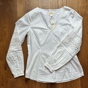 NWT Maeve by Anthropologie White Embroidered Long Sleeve Blouse, White, Size 6